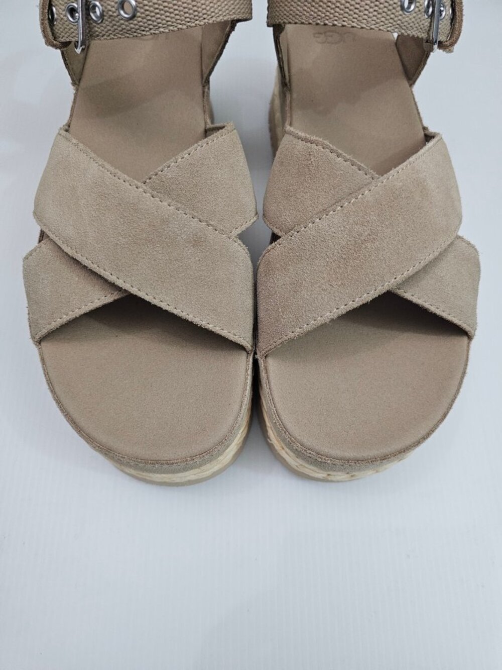 UGG Aubrey Raffia Platform Sandals Womens 11 Beige Sand Suede Ankle Strap NEW - Picture 6 of 16